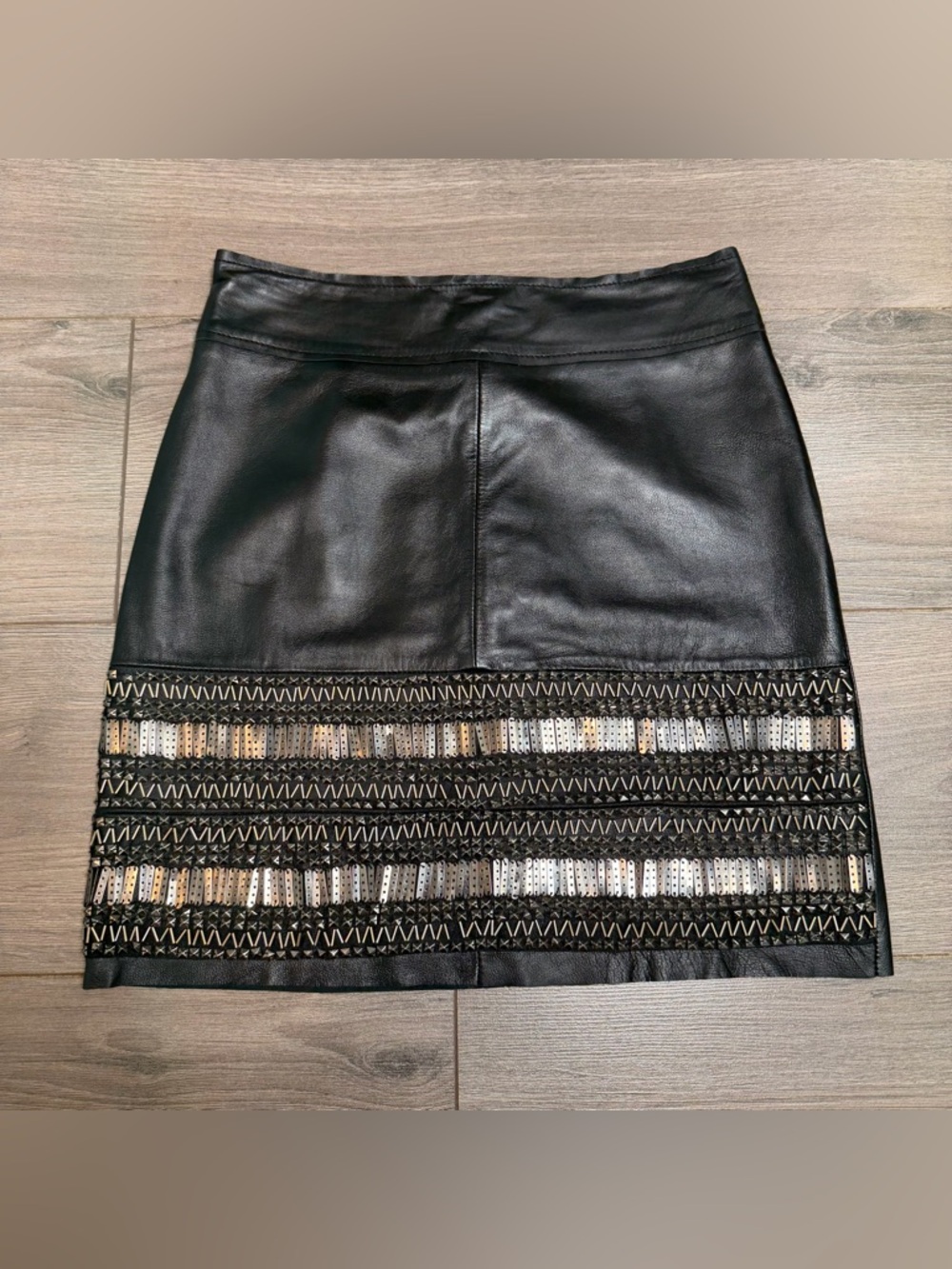 DANIER Real Leather Black Mini Skirt with Embroidered Hem-NEW
